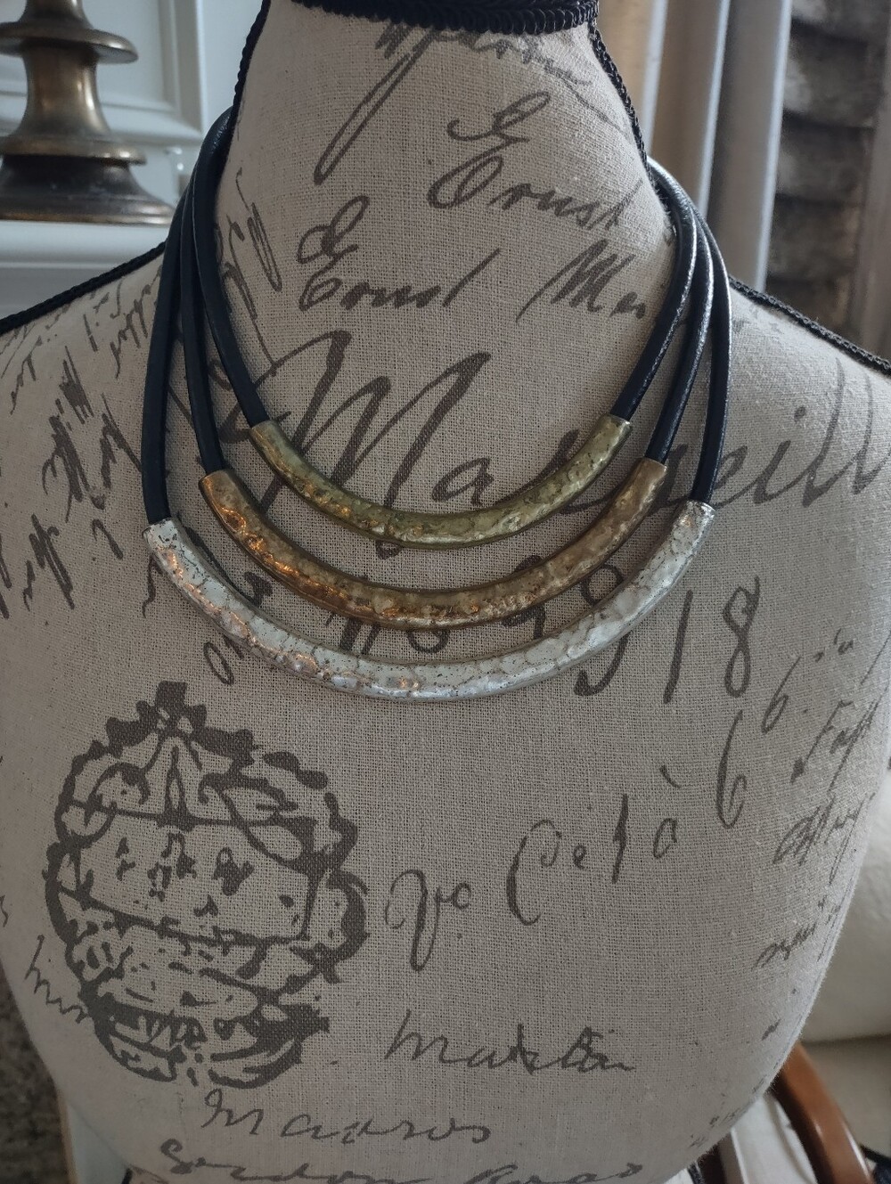 Multi-Tone Hammered Metal Tube Leather Necklace - Black, Gold, Silver & Brass
